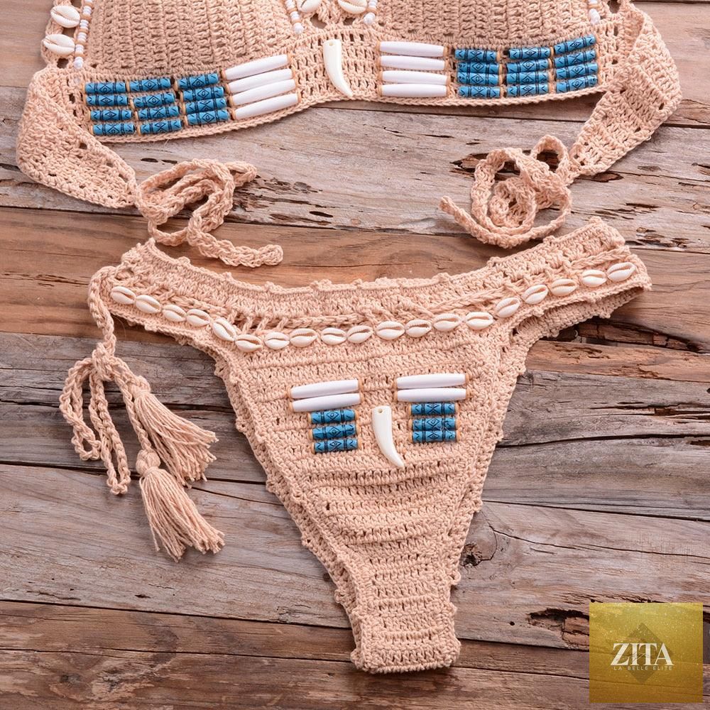 Vintage blue Stevvex blazer-inspired 2-piece halter bikini set with high waist, sequins, crochet details, and push-up design for women.