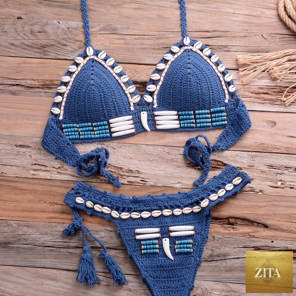 Vintage blue blazer-style 2-piece halter bikini set with high waist, sequins, crochet details, and push-up design for women.