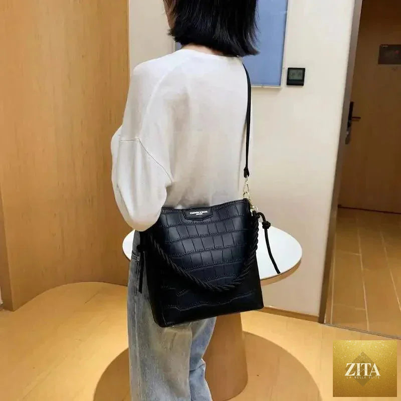 Elegant genuine leather women's bucket bag with stone pattern, vintage style shoulder bag for ladies by Stevvex