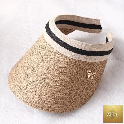 Vintage Women's Sun Hats Handmade Straw Visor Caps Fashionable Adult Sun Beach Top Hats Cute Bowknot Design Fashion Summer Women's Casual Caps Straw Hats Parent-Child Summer Hat Empty Top Beach Hat