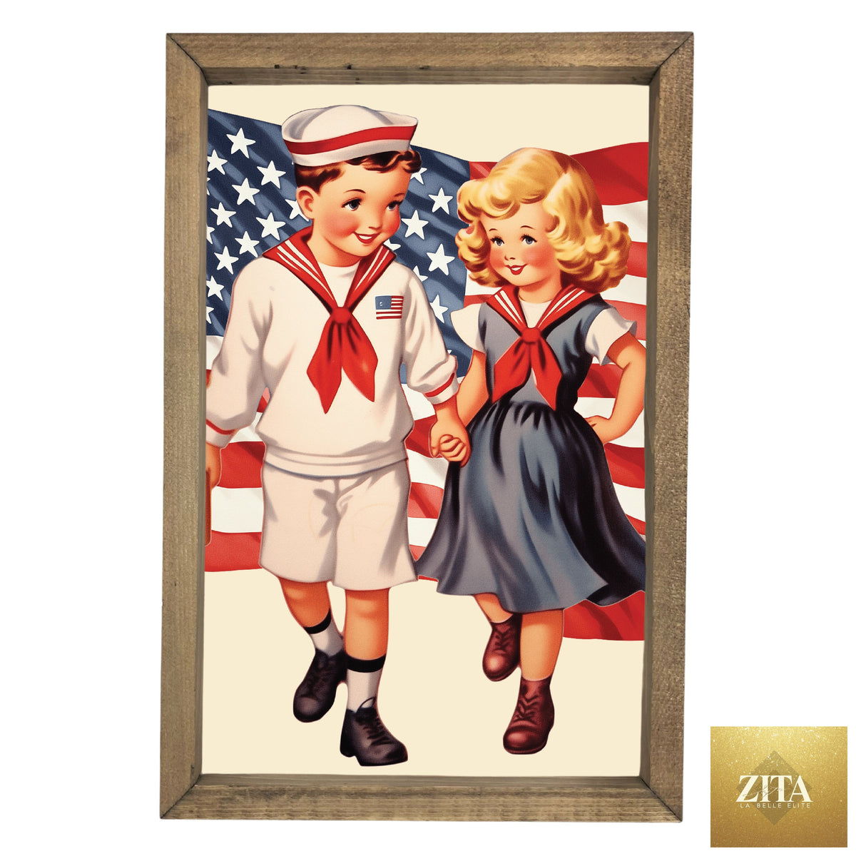 Vintage sailor couple framed art by 12timbers featuring a nautical scene with a sailor man and woman in vintage attire.