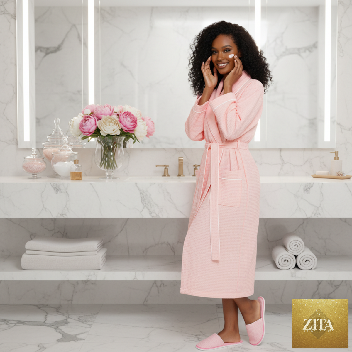 Women’s waffle piping bathrobe by Lotus Linen, lightweight spa-style robe with cozy waffle texture and piping details.