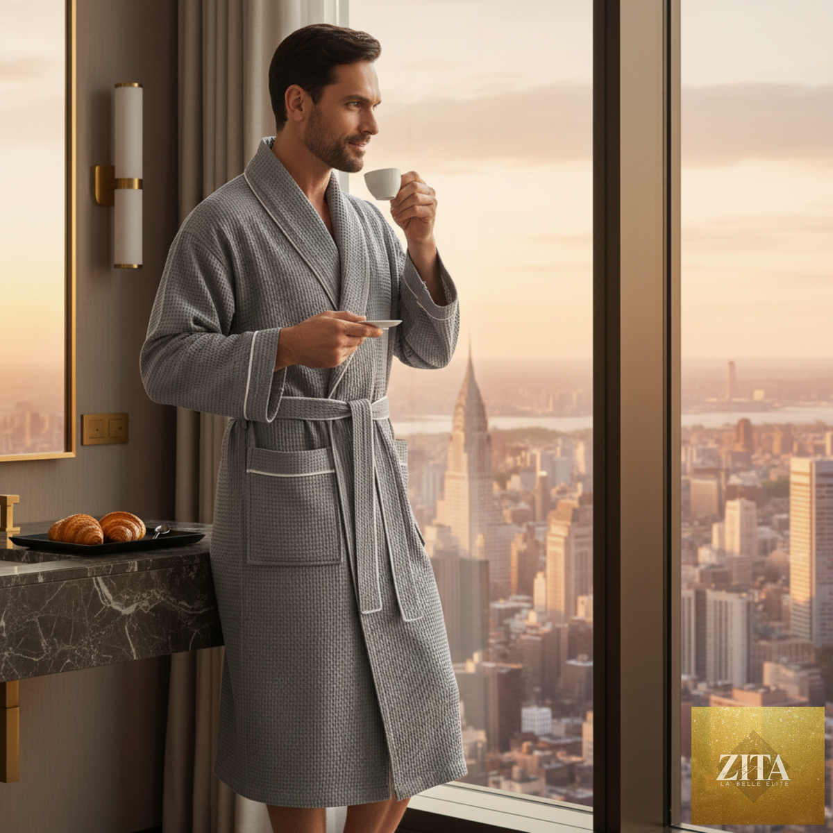 Men's premium waffle piping robe by Lotus Linen, featuring a soft, textured waffle fabric and piping details for a comfortable fit.