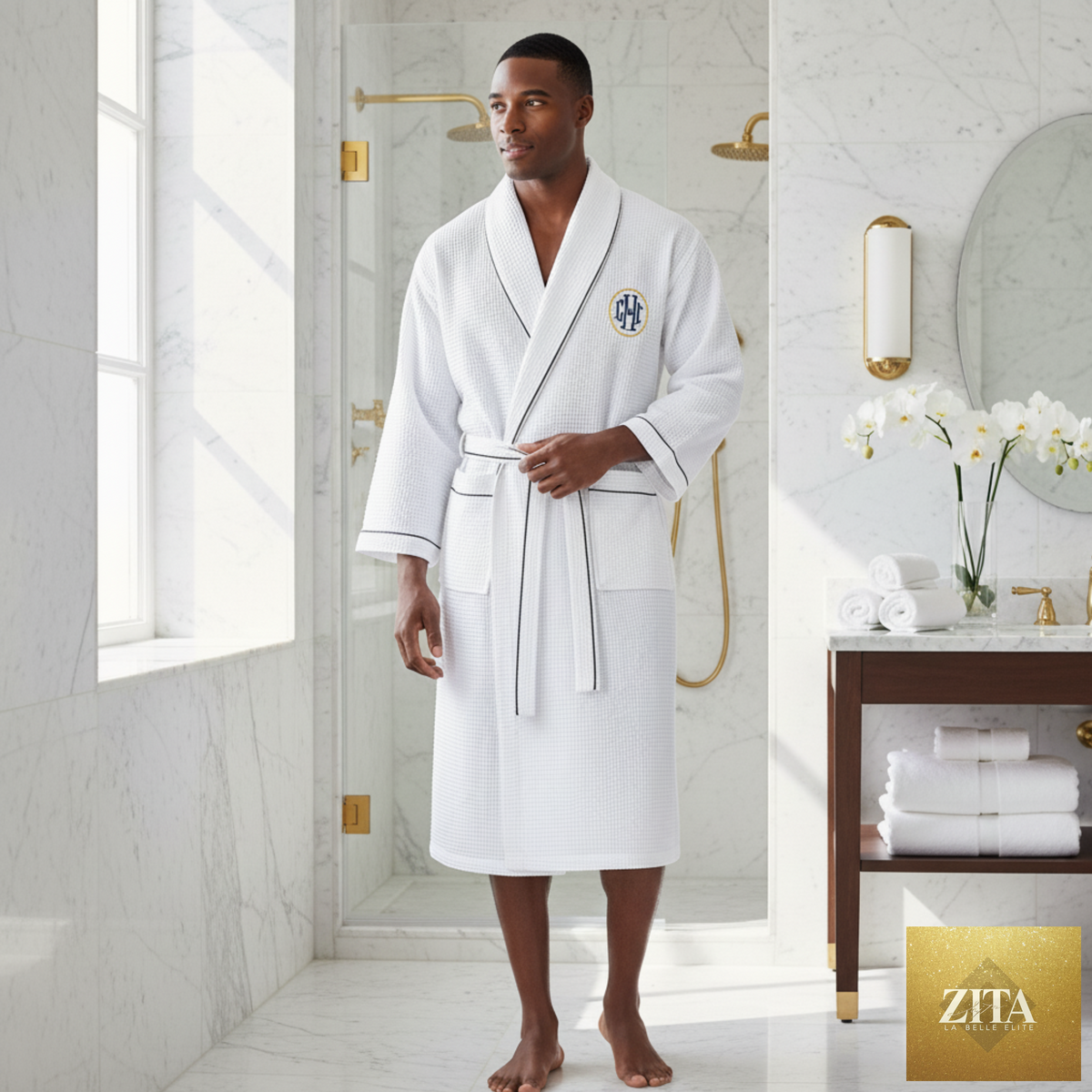 Men's Lotus Linen waffle piping robe, soft and plush, with a textured waffle fabric, featuring piping details and a belt.