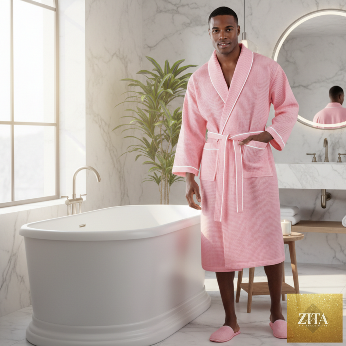 Lotus Linen men's waffle piping robe showing a soft, textured waffle fabric with piping details and a relaxed fit.