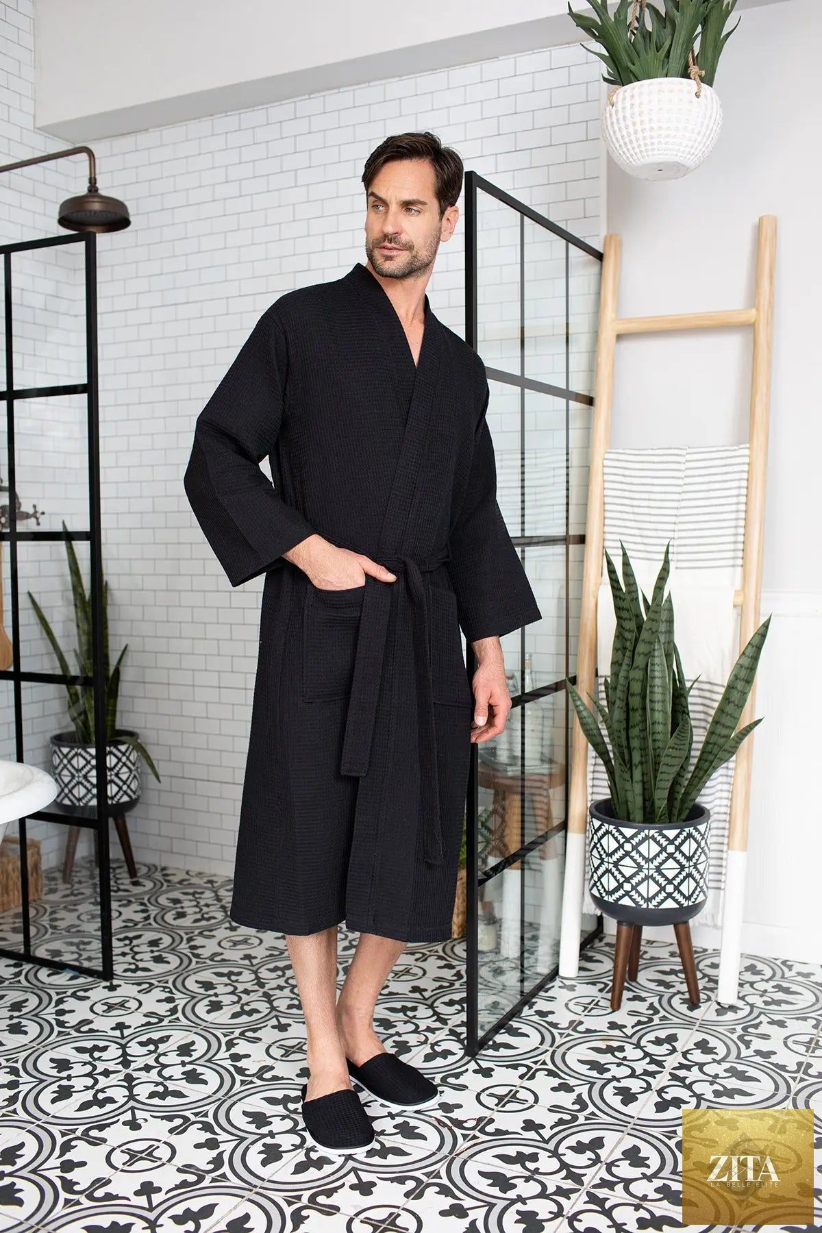 Lightweight Lotus Linen waffle spa bathrobe for men, showing its absorbent, textured fabric and comfortable fit.