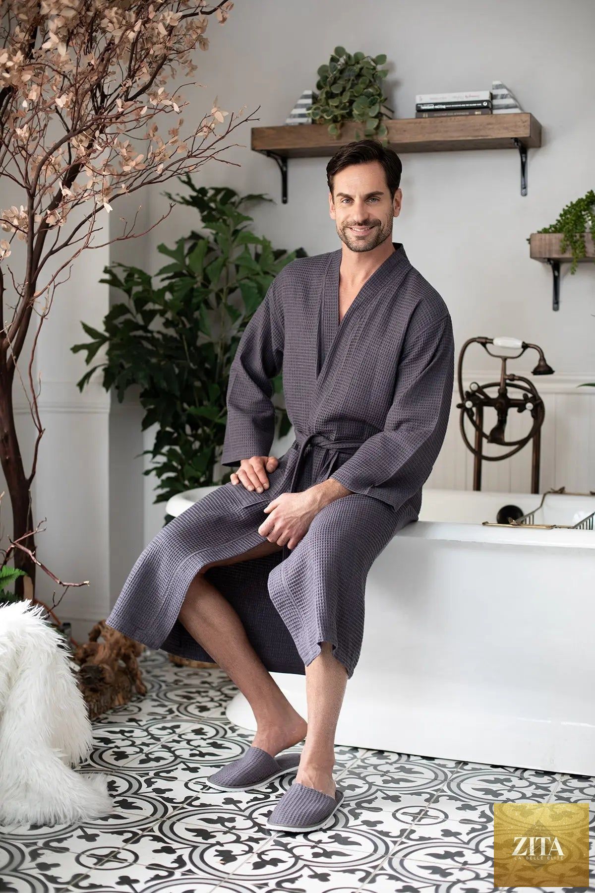 Lightweight Lotus Linen waffle spa bathrobe for men, showing the soft, absorbent, textured fabric and relaxed fit.