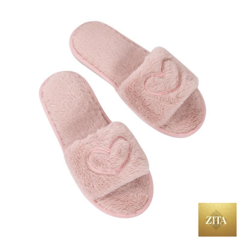 Stevvex warm fluffy women's faux fur slippers with heart-shaped design, open toe, memory foam, and cozy flat indoor slide style.