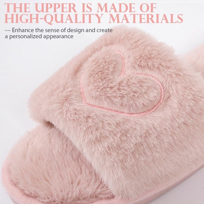 Stevvex women's warm fluffy faux fur slippers with heart-shaped design, open toe, memory foam, indoor floor slides, cozy and soft.