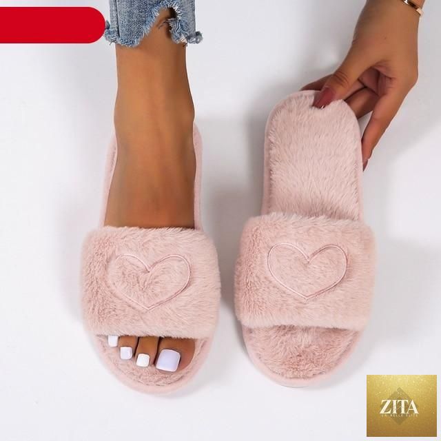 Stevvex warm fluffy women's faux fur slippers with open toe, heart shape design, memory foam sole, indoor floor slide comfort