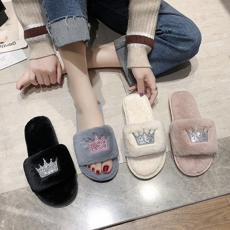 Stevvex women's warm fluffy faux fur slippers with heart-shaped open toe design, soft memory foam, cozy indoor floor slide shoes.