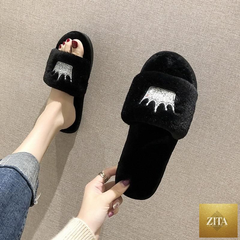 Stevvex women's warm fluffy faux fur slippers with heart-shaped open toe design, soft memory foam, indoor flat house shoes.