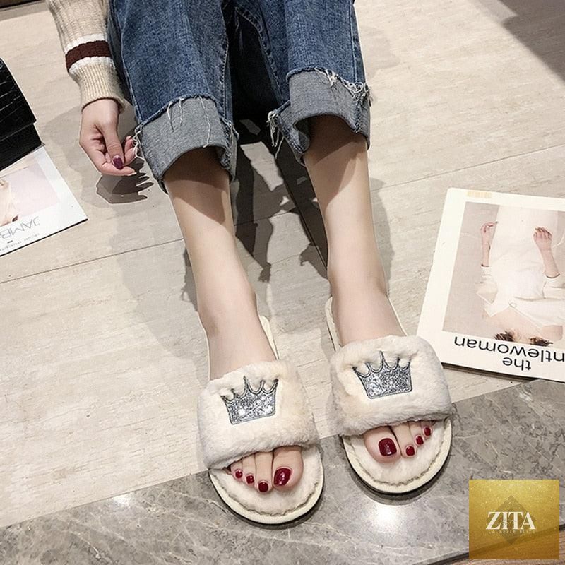Stevvex women's warm fluffy faux fur slippers with heart-shape design, open toe, memory foam interior, indoor flat floor slides.