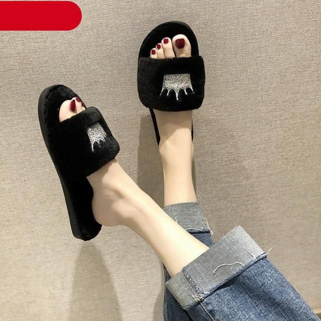 Stevvex warm fluffy women's faux fur slippers with open toe, heart shape design, memory foam insoles, indoor flat house shoes.