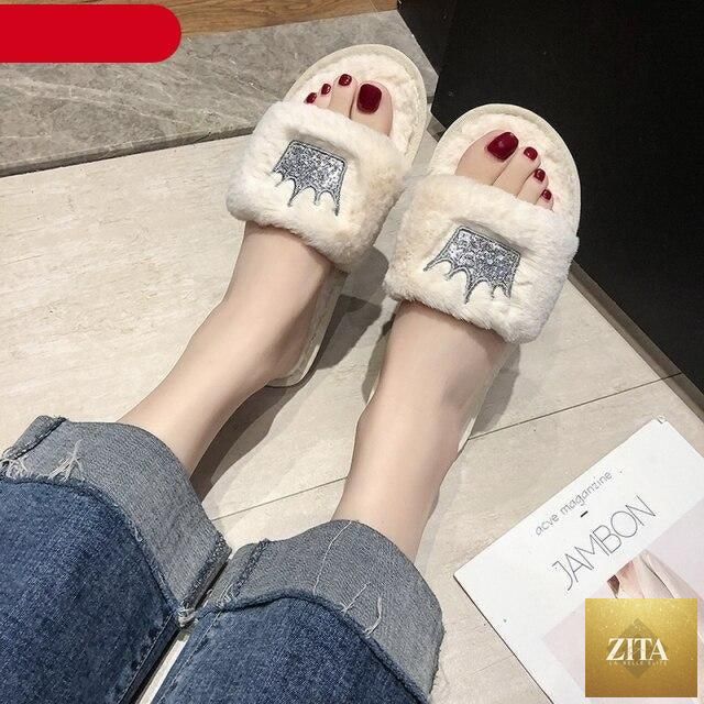 Stevvex women's warm fluffy faux fur slippers with heart-shaped design, open toe, memory foam soles, indoor flat house shoes.