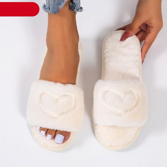 Stevvex women's warm fluffy faux fur slippers with heart-shaped design, open toe, memory foam sole, indoor cozy house shoes