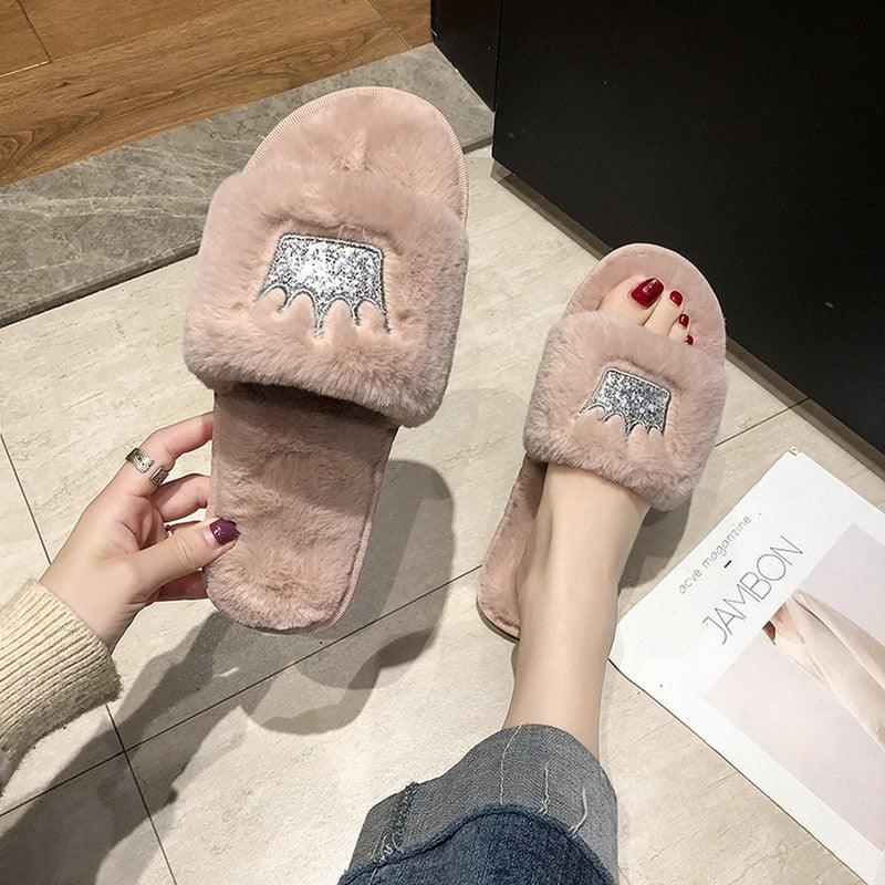 Stevvex women's warm fluffy faux fur slippers with open toes, heart-shaped design, memory foam insoles, indoor flat house shoes