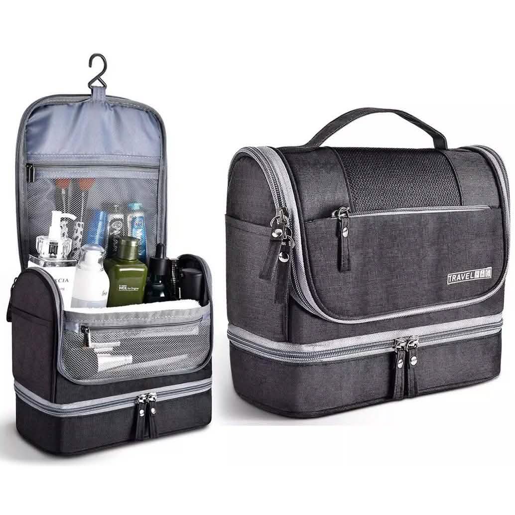Black waterproof hanging travel toiletry bag by DailySale, designed for men and women, with multiple compartments for personal care items.