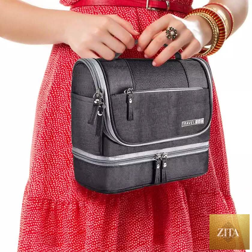 Waterproof hanging travel toiletry bag for men and women, featured in waterproof fabric with multiple compartments for personal care essentials.