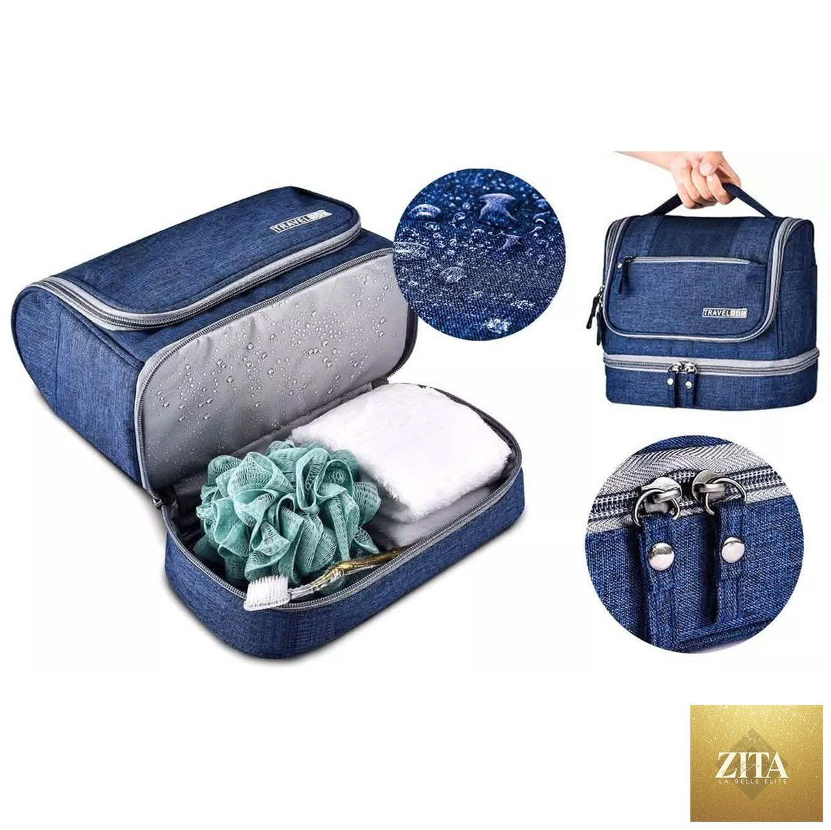 Waterproof hanging travel toiletry bag for men and women with multiple compartments, designed for organized beauty and personal care.