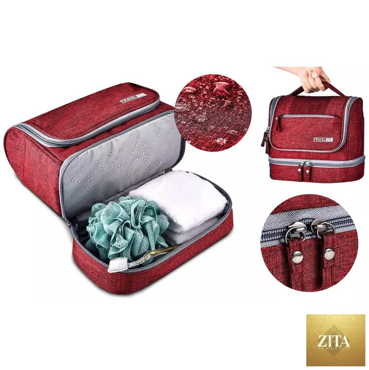 Waterproof hanging travel toiletry bag for men and women by DailySale, with multiple compartments and secure hanging hook.