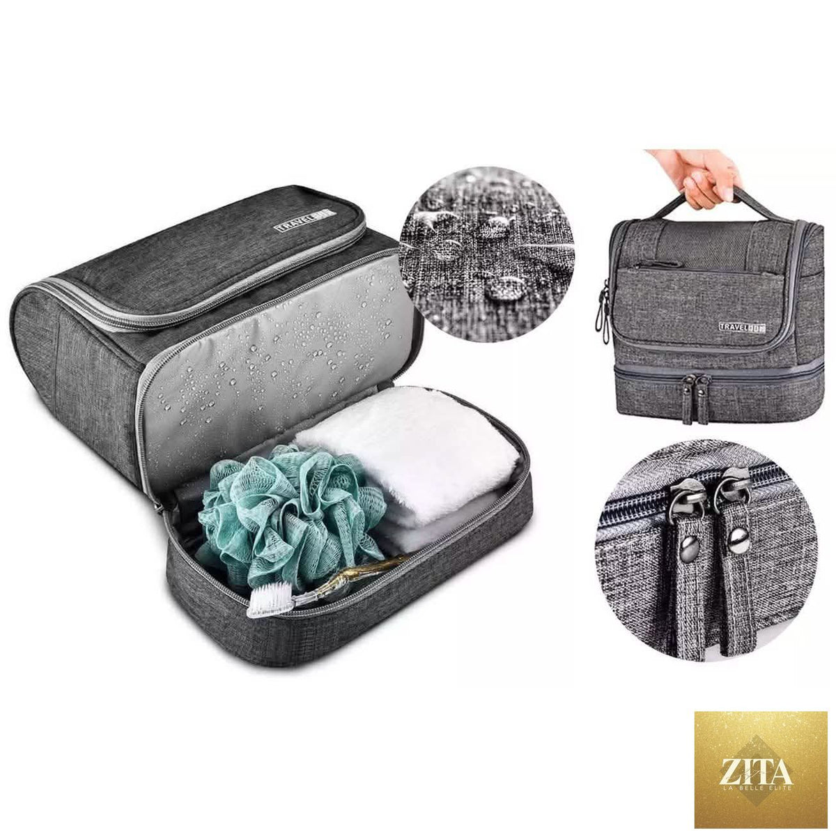 Waterproof hanging travel toiletry bag for men and women, compact with multiple compartments for personal care essentials.