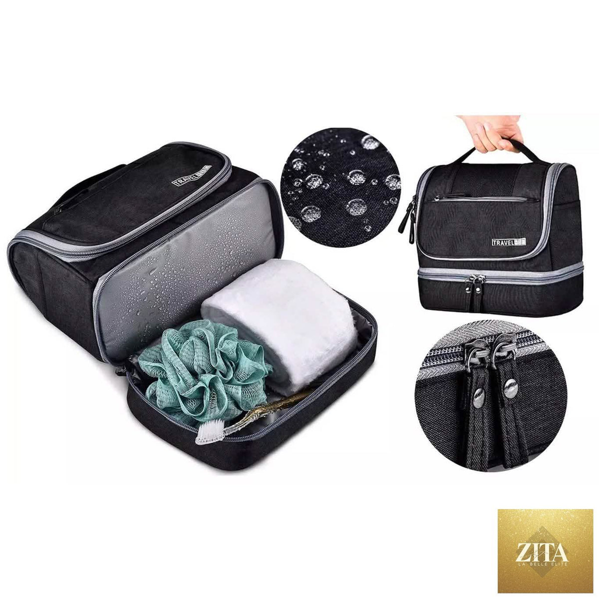 Waterproof hanging travel toiletry bag for men and women, designed for organizing personal care essentials on the go.