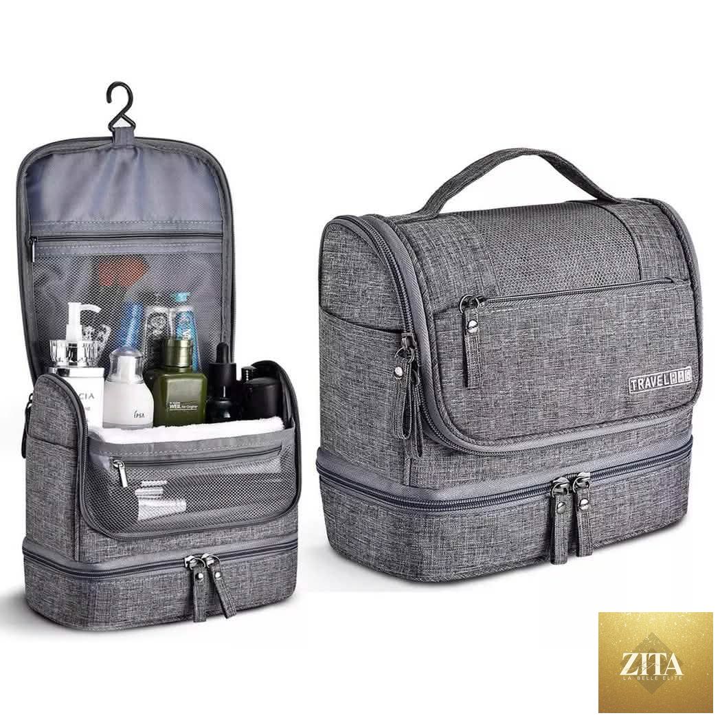 Gray waterproof hanging travel toiletry bag for men and women, compact and organized for beauty and personal care essentials.