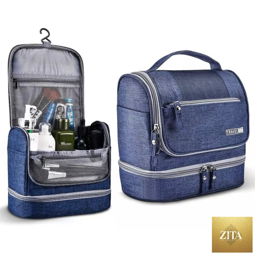 Navy blue waterproof hanging travel toiletry bag for men and women, featuring multiple compartments for personal care essentials.