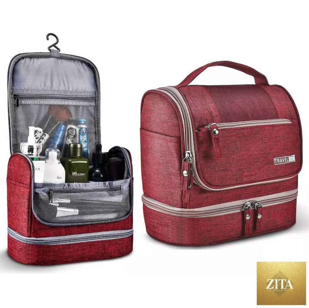 Red waterproof hanging travel toiletry bag for men and women, organized with multiple compartments for toiletries.