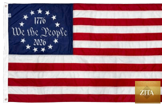 We the People Betsy Ross 250 flag by Flags Unlimited, featuring the historic 13-star American flag design displayed outdoors.