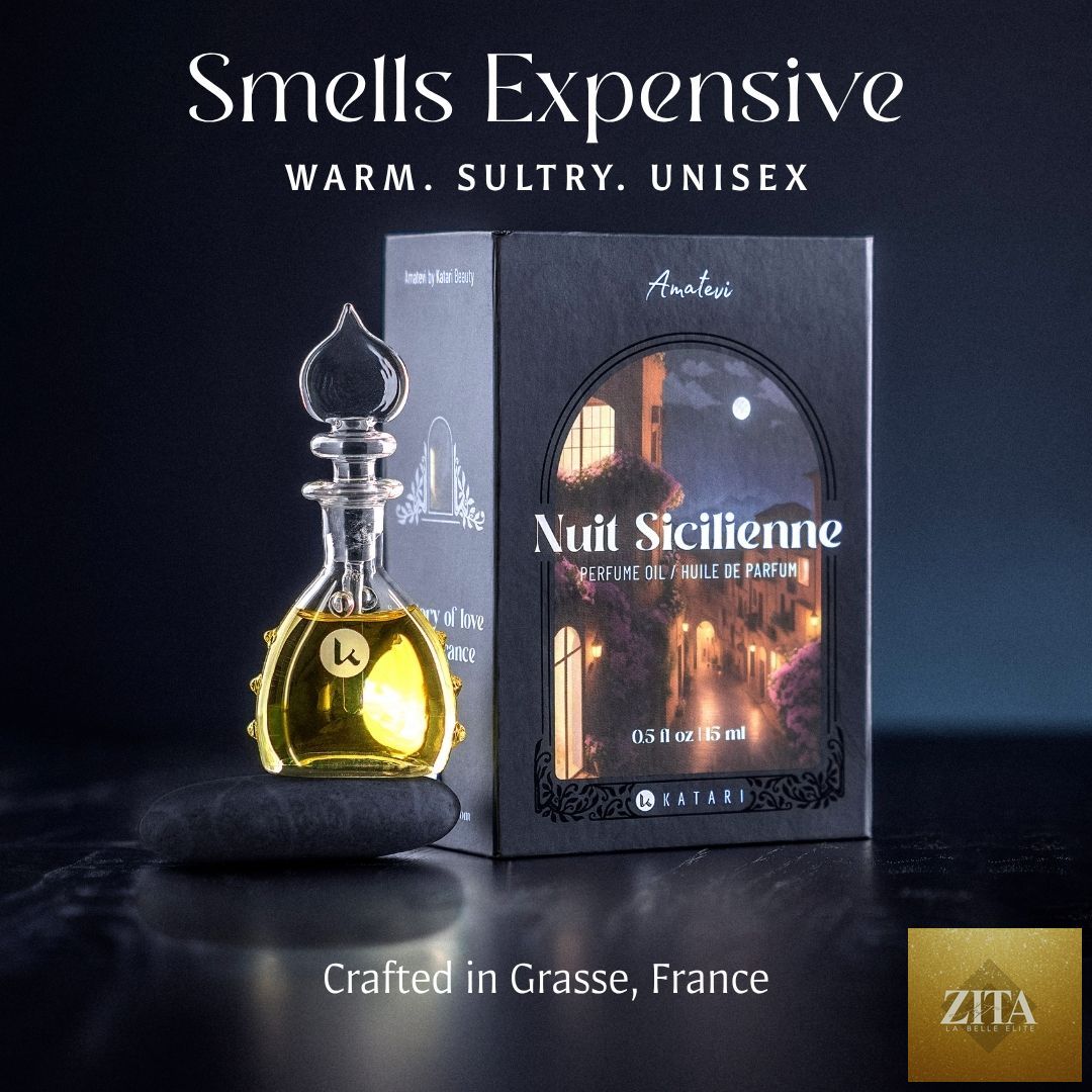 Scented Nuit Sicilienne oil perfume bottle by Katari Beauty with elegant packaging and a dark, luxurious design.