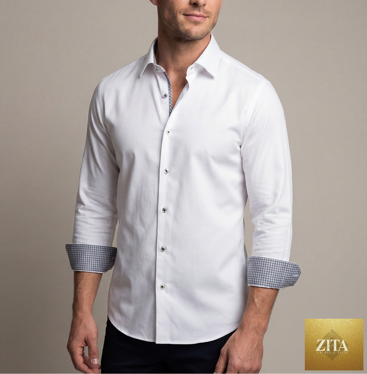White LEVINAS® Cotton Knit-Stretch Button-Up Shirt with contrast details, tailored fit, and long sleeves.