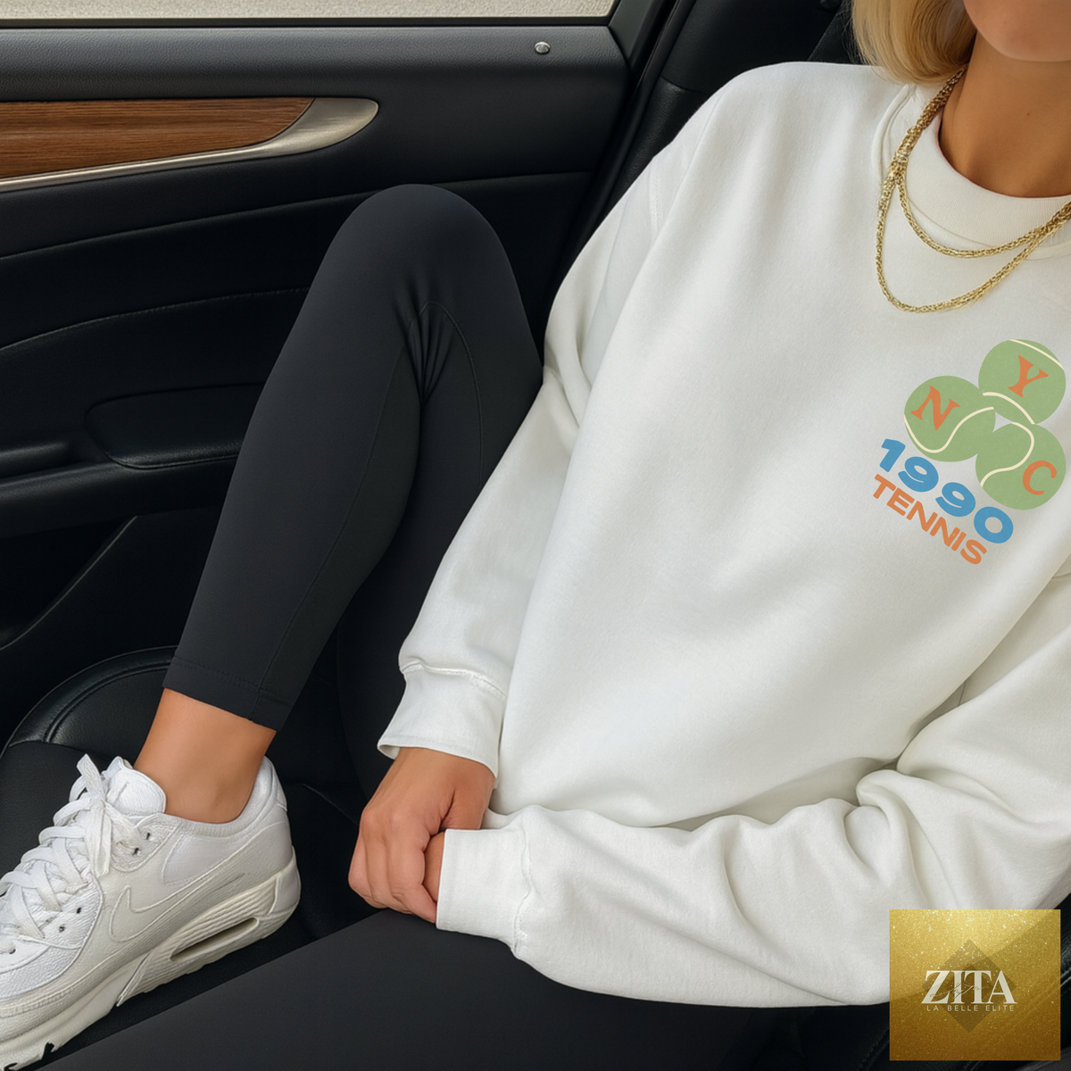 White NYC 1990 Tennis Crewneck Sweatshirt by Hey Jude Graphic Tees featuring vintage sport graphic design on the front.