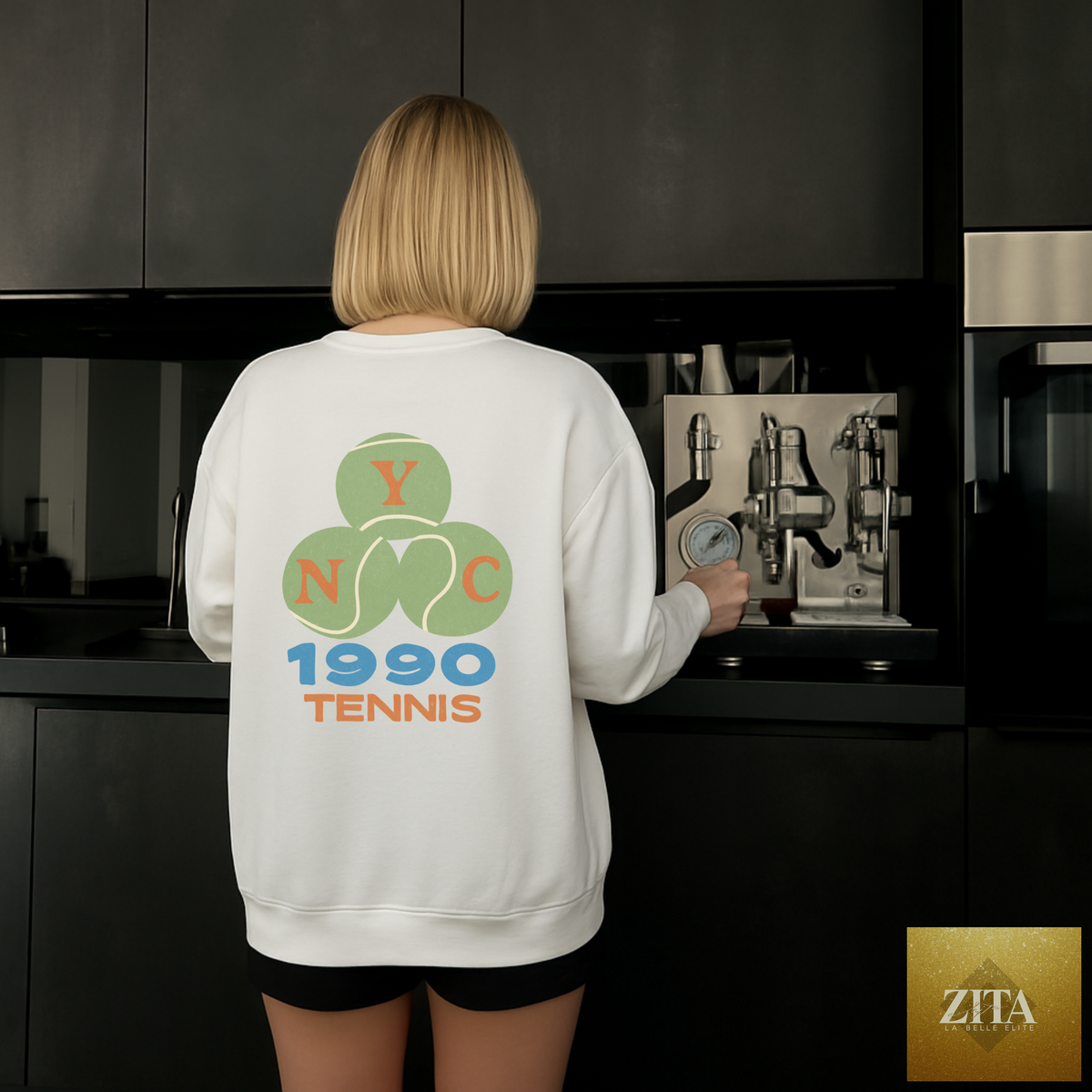 White NYC 1990 Tennis Crewneck Sweatshirt with vintage sport graphic, casual pullover by Hey Jude Graphic Tees.