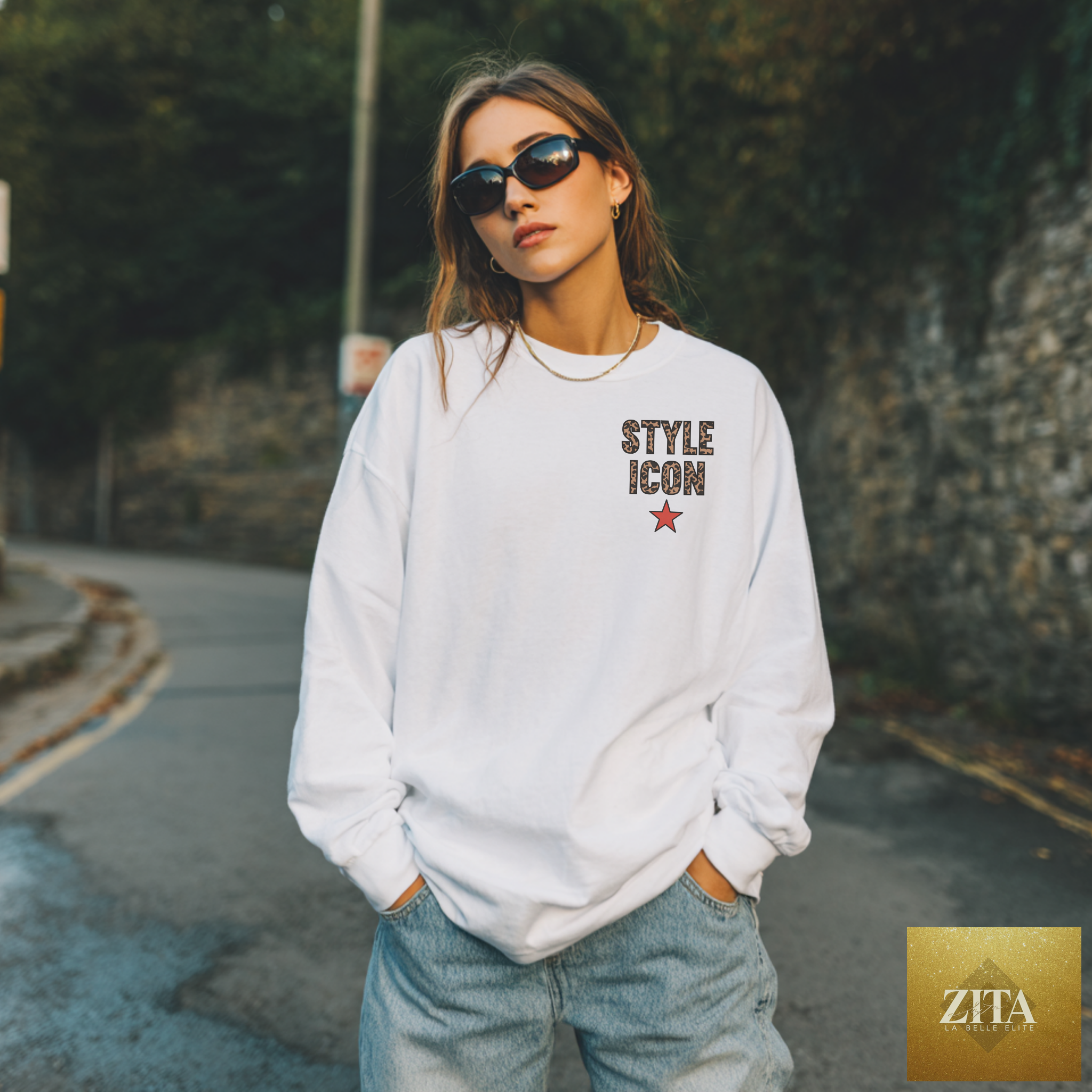 White Style Icon Leopard Graphic Sweatshirt by Hey Jude Graphic Tees featuring a bold leopard print design on a trendy crewneck.