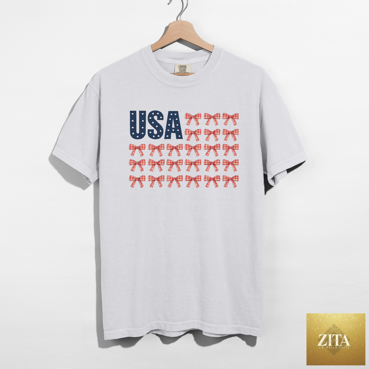 White Hey Jude Graphic Tees USA Bow Flag graphic t-shirt with patriotic gingham bow design, casual and stylish patriotic apparel.