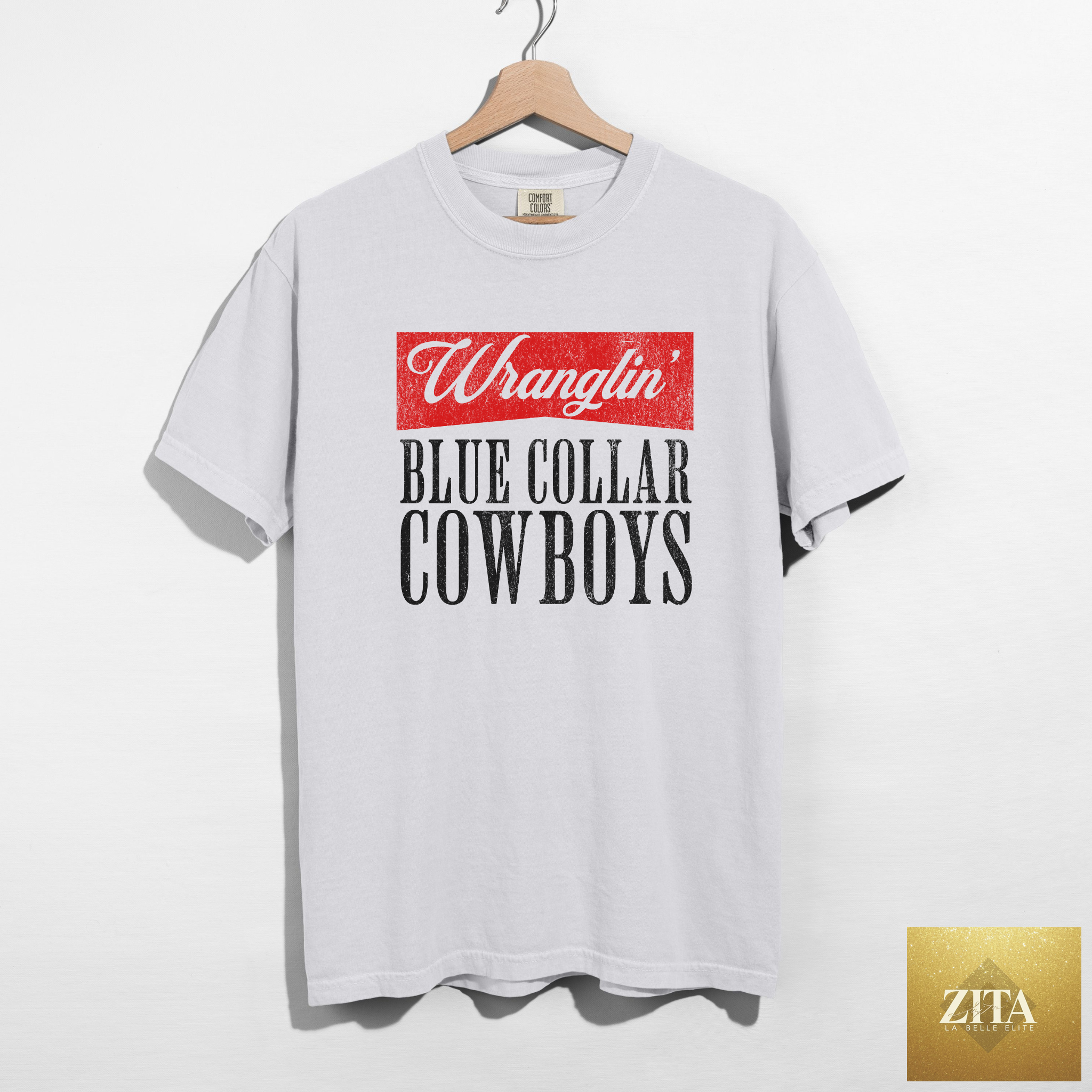 White Wranglin’ Blue Collar Cowboys graphic tee featuring cowboy and rodeo cowgirl design from Hey Jude Graphic Tees.