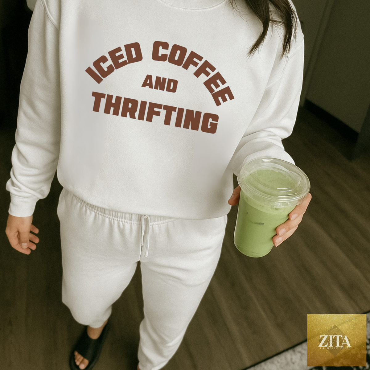 White Iced Coffee & Thrifting Crewneck sweatshirt by Hey Jude Graphic Tees featuring a neutral thrift girl design.