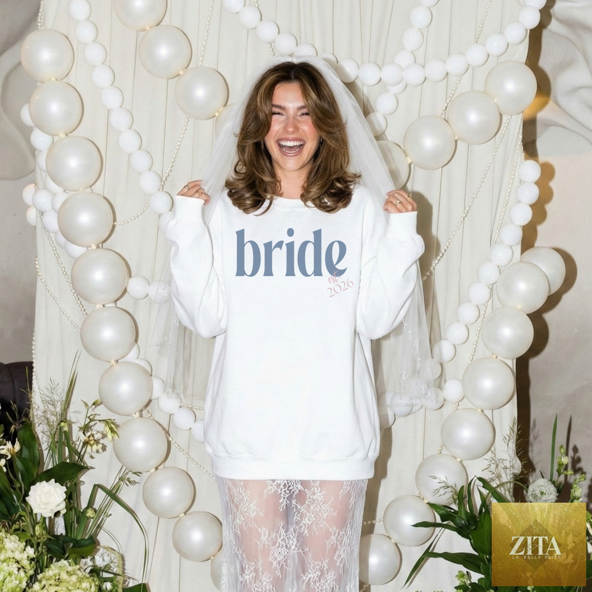 White Bride Est. 2026 crewneck sweatshirt from Hey Jude Graphic Tees featuring bold text, perfect for bridal shower or bachelorette weekend.