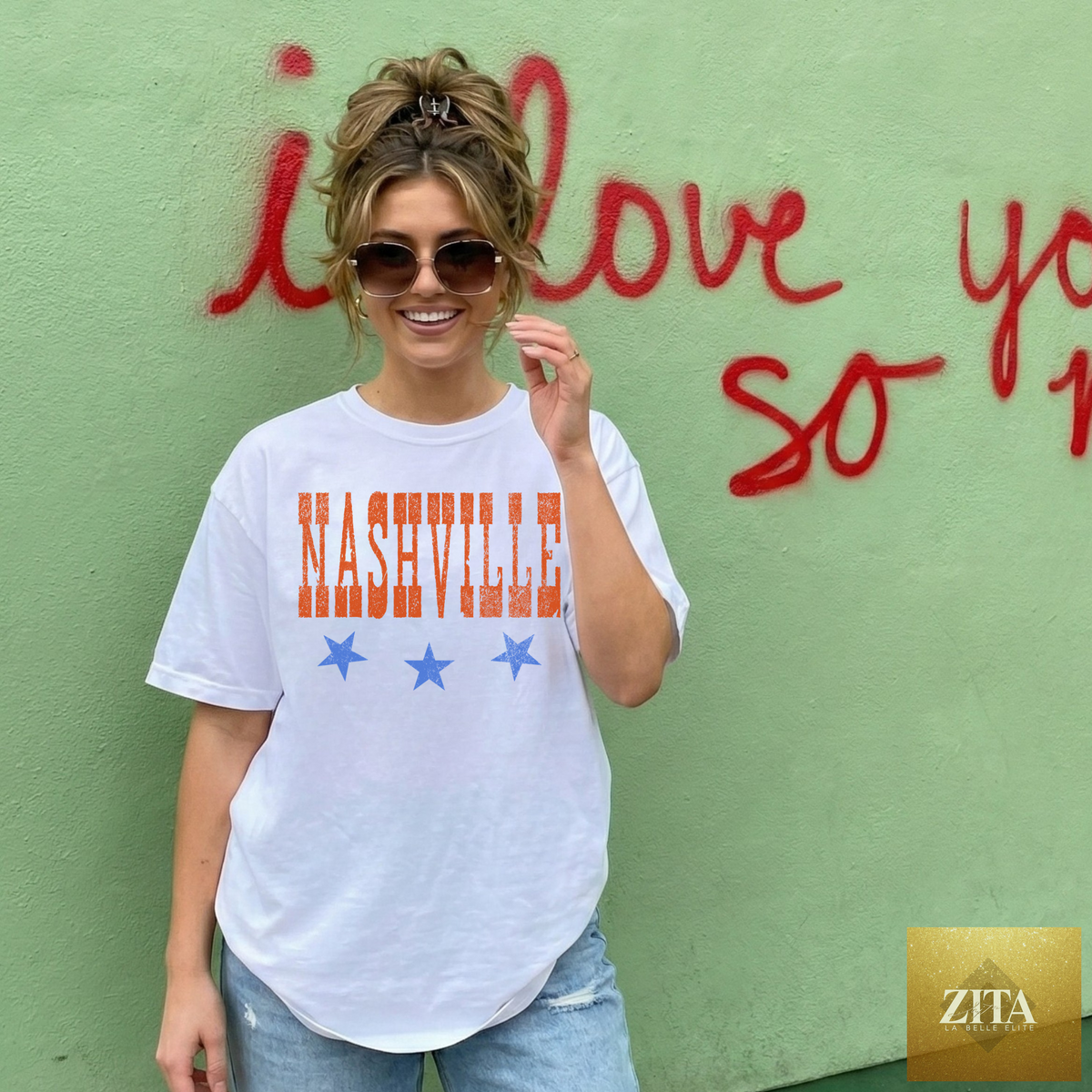 White Nashville graphic tee featuring Western vintage Nashville design from Hey Jude Graphic Tees, casual and stylish Western-inspired shirt.
