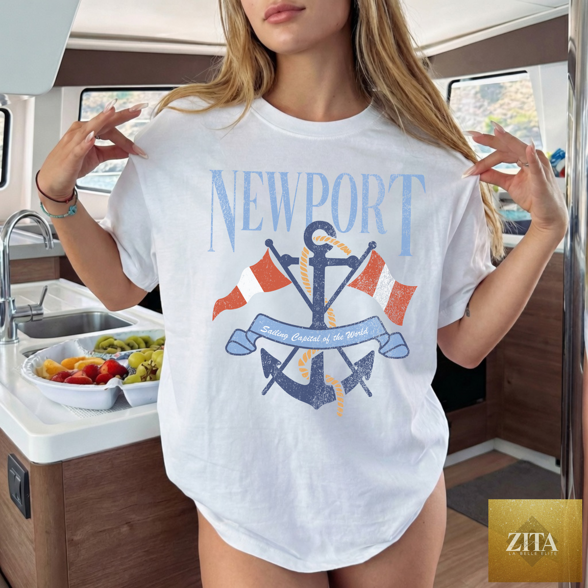 White Newport Sailing Graphic Tee featuring a coastal anchor design from Hey Jude Graphic Tees.