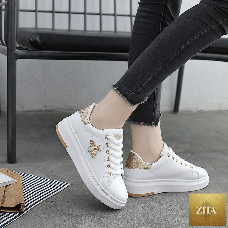 White Stevvex women's platform sneakers with rhinestones, lace-up design, breathable fabric, casual flats, and elegant sporty style.