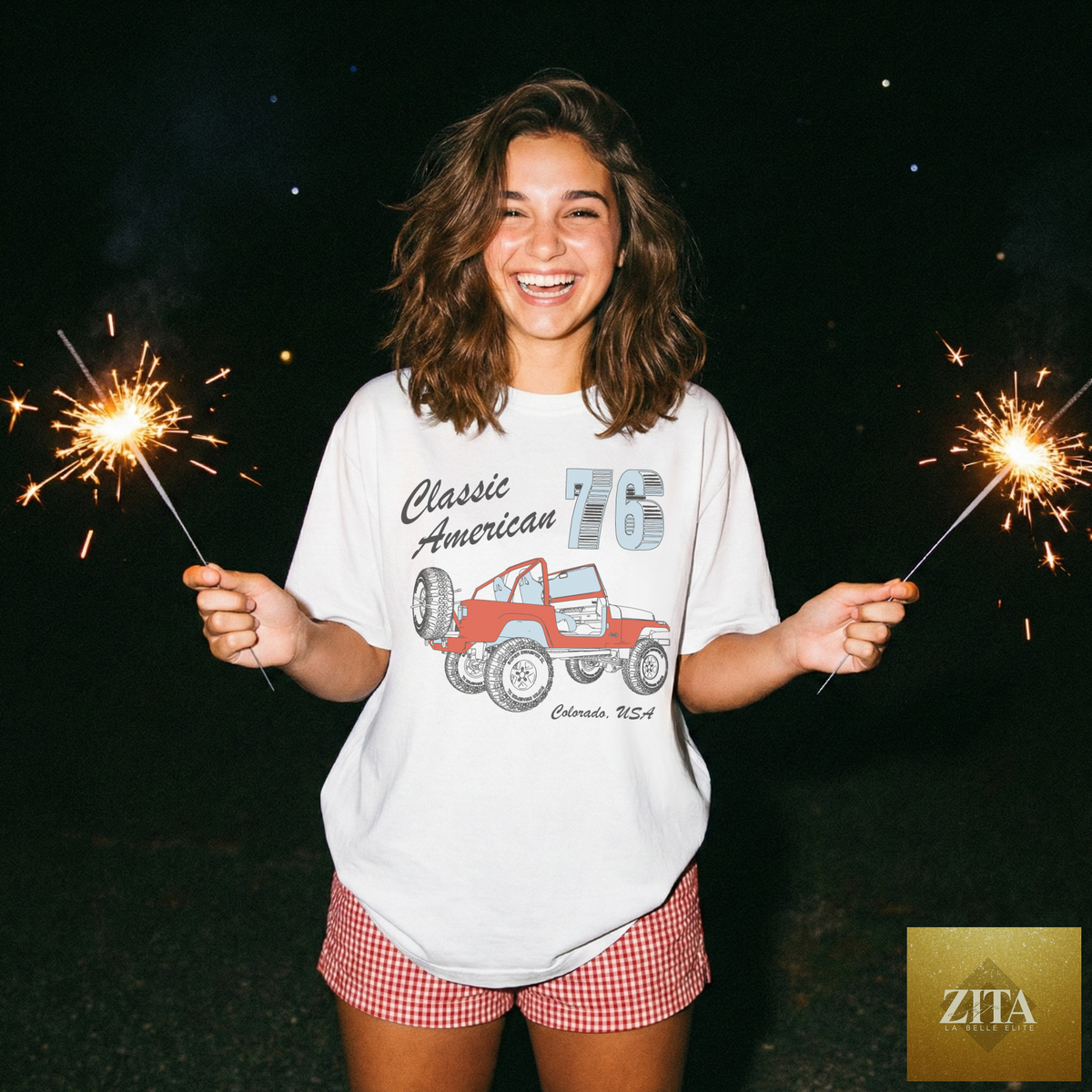 White Classic American 76 Jeep graphic T-shirt by Hey Jude Graphic Tees featuring a vintage Jeep design on the front.