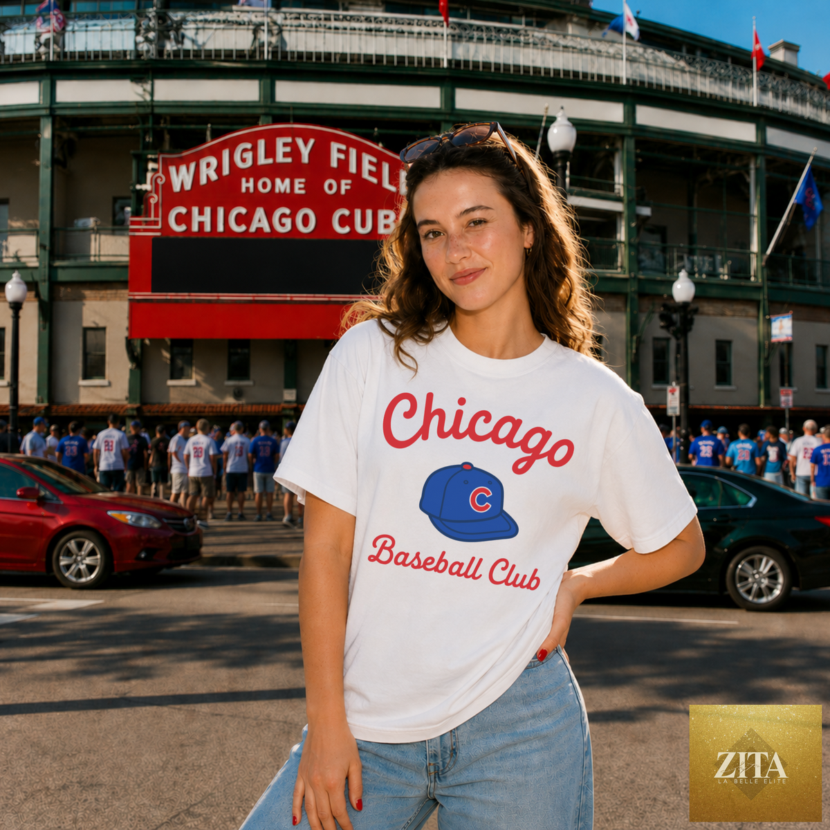 White Chicago Baseball Club Tee by Zita La Belle Elite, featuring classic baseball team logo and comfortable fit.