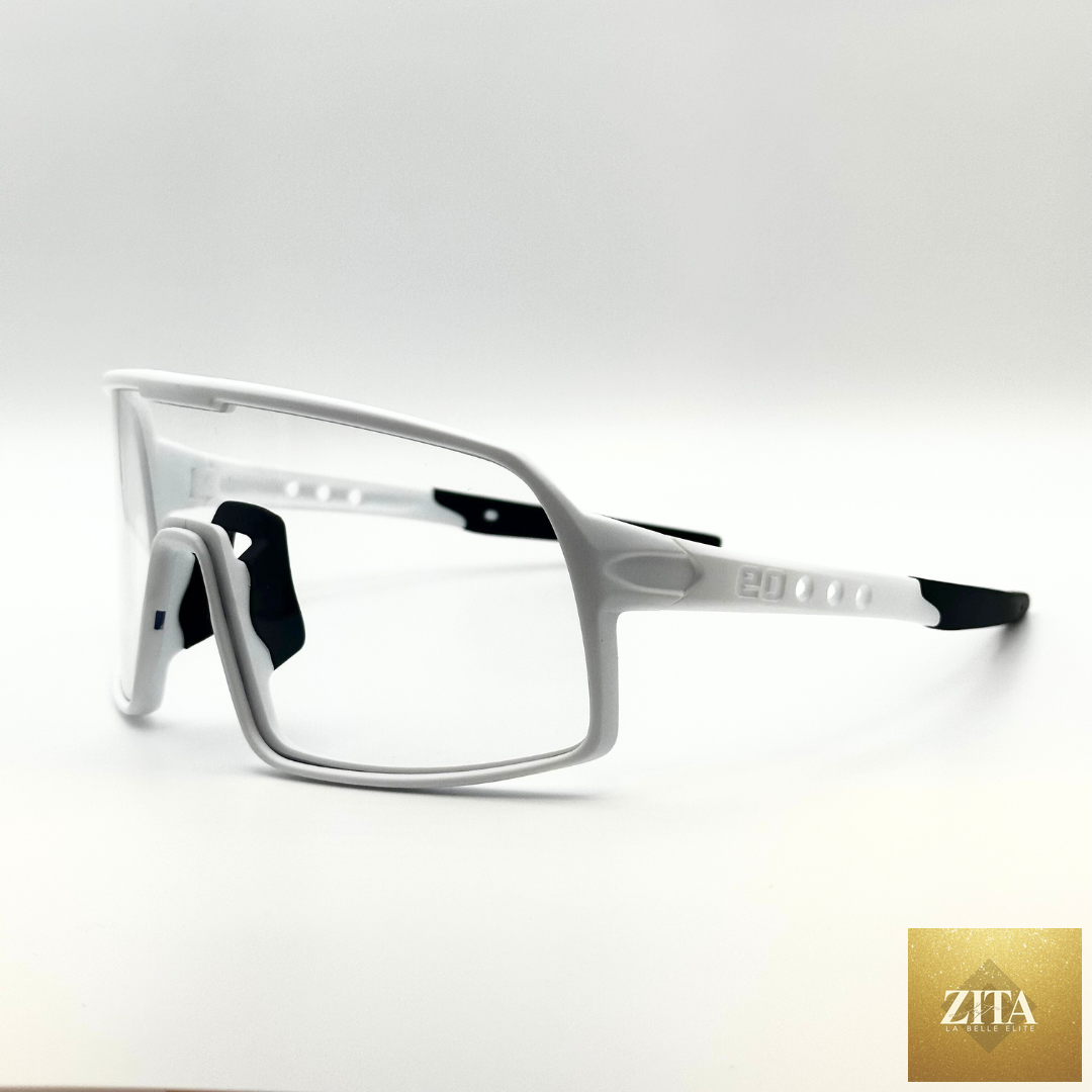 Eastern Outer Mojave sunglasses with photochromic lenses, white frame, angled view showing stylish design and lens details.