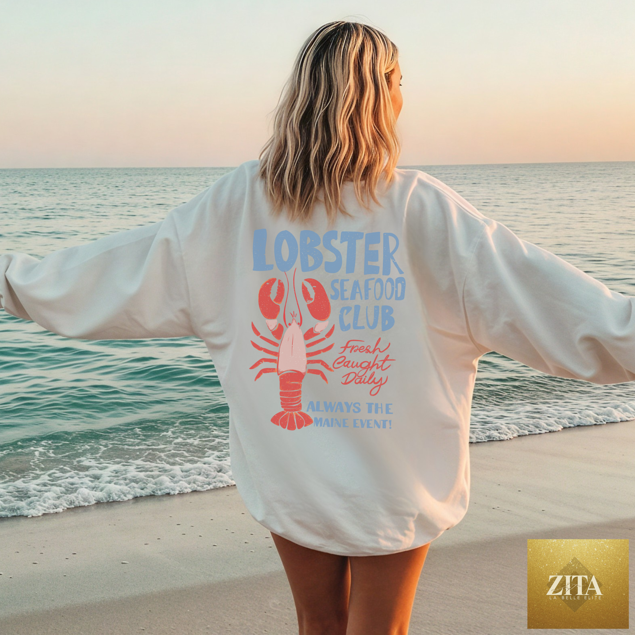 White Maine Lobster Seafood Club crewneck sweatshirt with a coastal New England lobster graphic by Hey Jude Graphic Tees.