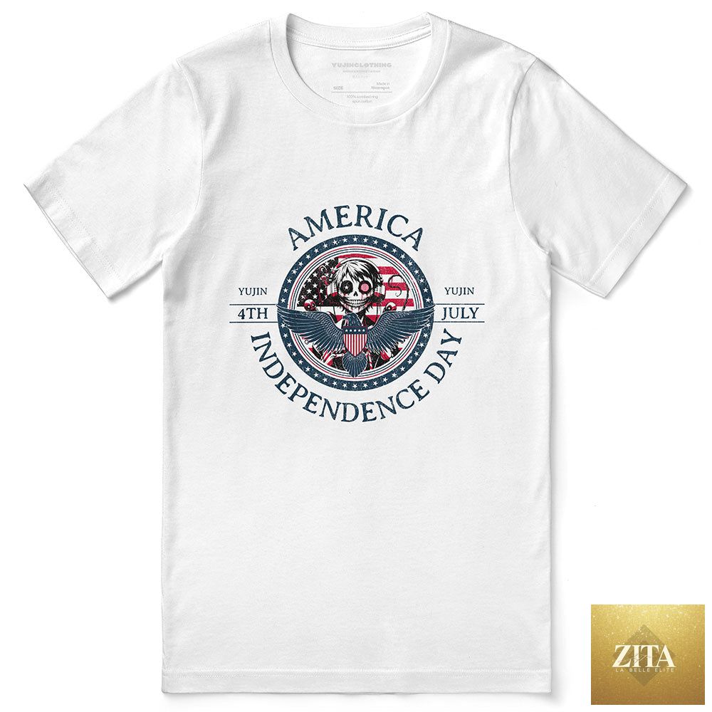Dark 4th July Independence Day T-shirt by Zita La Belle Elite with patriotic design, featuring stars and stripes on a white background.