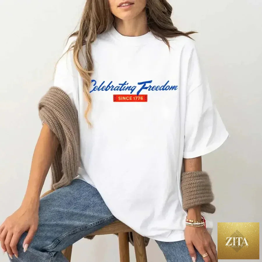 White 4th of July T-shirt by Adorb Custom Tees featuring patriotic design celebrating freedom since 1776.