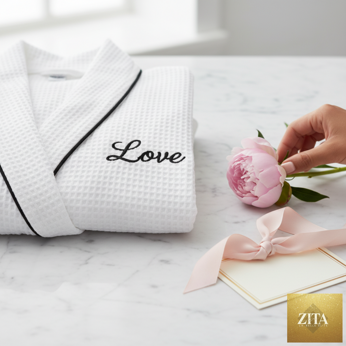 White women's waffle piping bathrobe by Lotus Linen, lightweight spa-style robe with comfortable, cozy fabric for relaxing wear.
